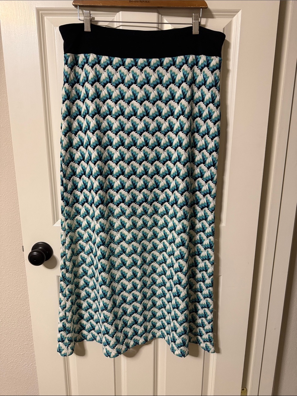 Karen Kane Black-Waistband Maxi Skirt with Teal and White Geometric Print